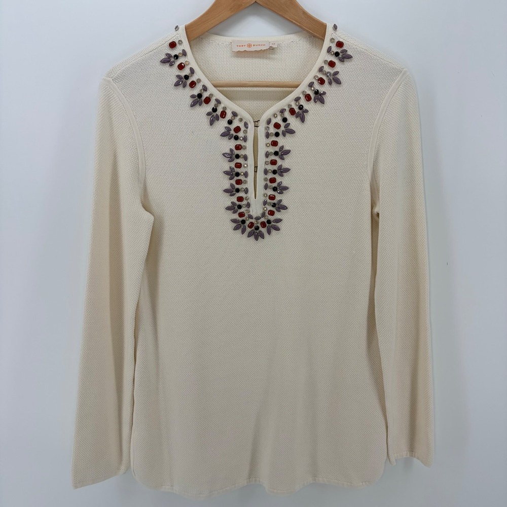 Tory Burch Womens Jeweled Sweater S Ivory Embellished Split Neck Tunic